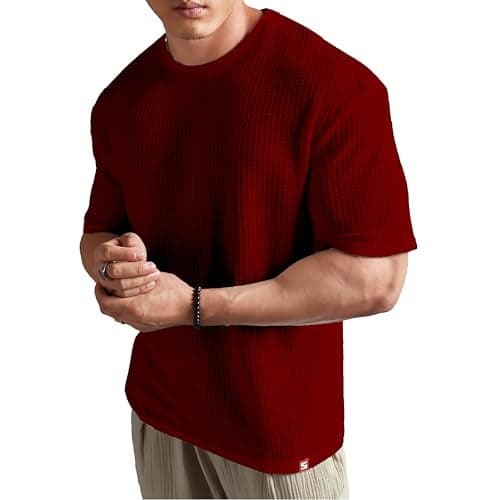 SHODOX® Men Oversized T Shirt Solid Dotted Design | Round Neck Loose Fit Drop Shoulder Casual T-Shirt for Men Red
