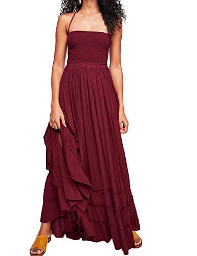 R.Vivimos Womens Summer Boho Sexy Backless Long Dresses (Large, Wine Red)