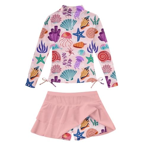 Kids Pink Two Pieces Swimwear for Girls Summer Hawaiian Beach Bathing Suits 3D Printed Leaves Long Sleeve Rash Guard Swimsuits 8 10 Girl's Sun Protection Shorts UPF 50+ Shirts Swim Pool Holiday Wear