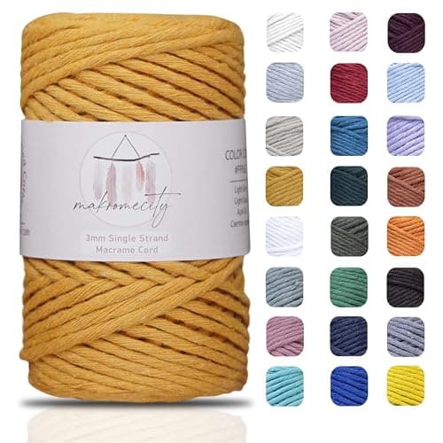 Makromecity, Single Strand Macrame Cord 3 mm x 100 Yards (300 feet) 3mm Single Twisted Mustard Cotton Cord for Macrame Art & Crafts for Wall Hangings Recycled Cotton Cord Yarn DIY (Mustard, 1 Skein)
