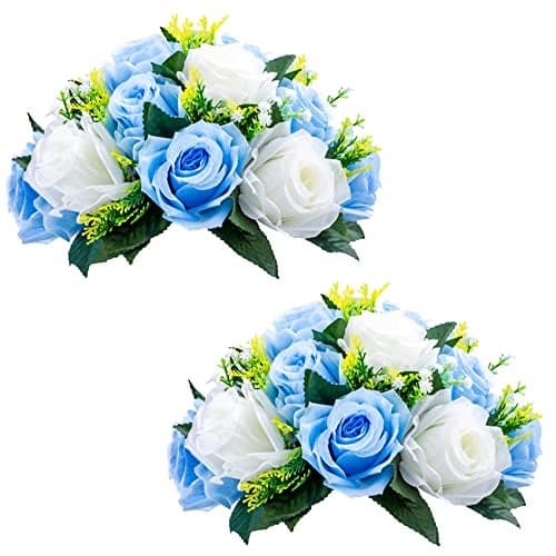 NUPTIO Flower Centerpieces for Wedding Tables: Blue & White Artificial Flower Ball Arrangement for Weddings Party - 2 Pcs Fake Floral Rose for Birthday Bridal Shower Decorations