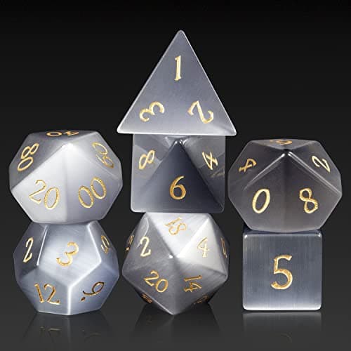 DNDND Cats Eye Gemstone Dice Set 7 PCS Crystal DND Dice with Gorgeous Gift Case for Dungeons and Dragon DD Tabletop Game Grey Cats Eye