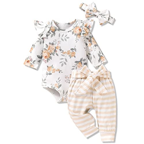 Aalizzwell Preemie Baby Girls Clothes Premature Floral Long Sleeve Striped Fall Winter Spring Outfit Yellow