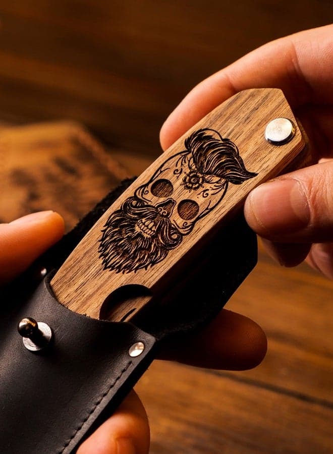 Beard Comb for Men Pocket Folding Combs for Mustache & Hair Travel Natural Wooden Comb with Real Man Engraving - Perfect for Use w/Beard Balm Oil (Skull)
