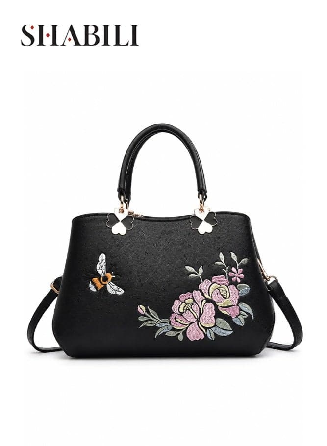 Women's PU Large-Capacity Multi-Pocket Shoulder Bag Crossbody Bag Handbag, Ladies Stitch Embroidery Satchel Tote Cross Bags with Gold Hardware Zipper, for Teenager Youth Daily Casual Travel (Black)