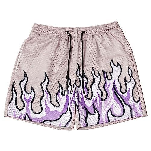 DIOTSR Mens Flame Graphic Basketball Shorts Cool Retro Running Athletic Shorts Drawstring Waist Casual Track Shorts (01 Flame-Purple,Medium)