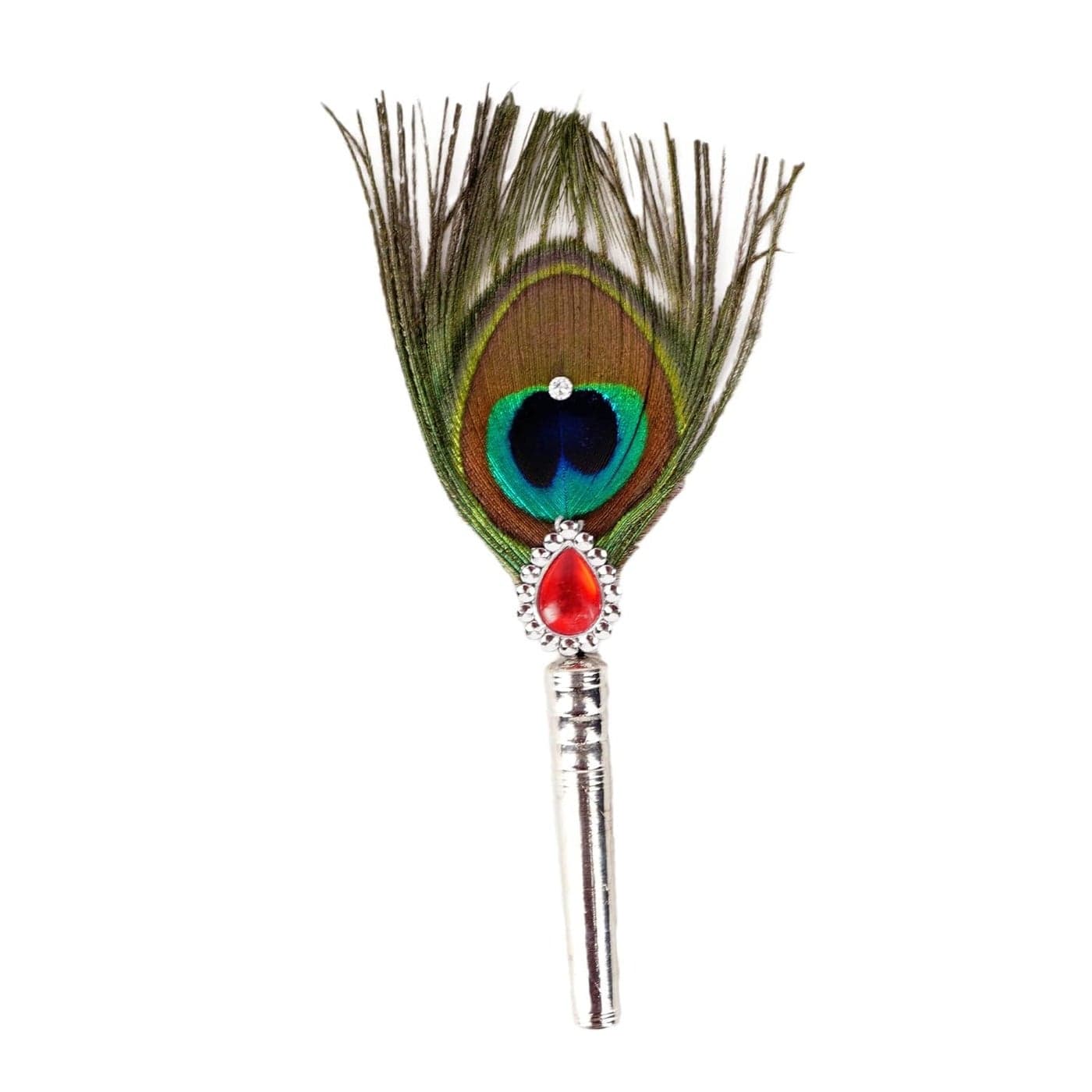 DHRUVS COLLECTION Silver Coated Peacock FeatherHand FanMore Pankh for Home Decoration Pooja Gift Purpose Donation Pack of 1 Medium Size