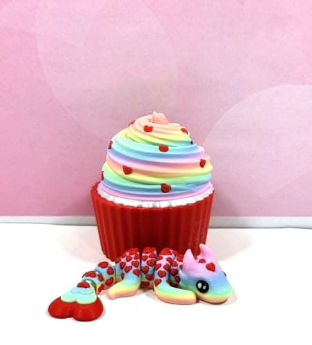 3D Printed Dragon Articulated Baby Love Dragon in Cupcake Container Blue and Red Love Dragon Fidget ADHD Autism Toy Home Office Decor Executive Desk Toy CCLDR007REDMAC