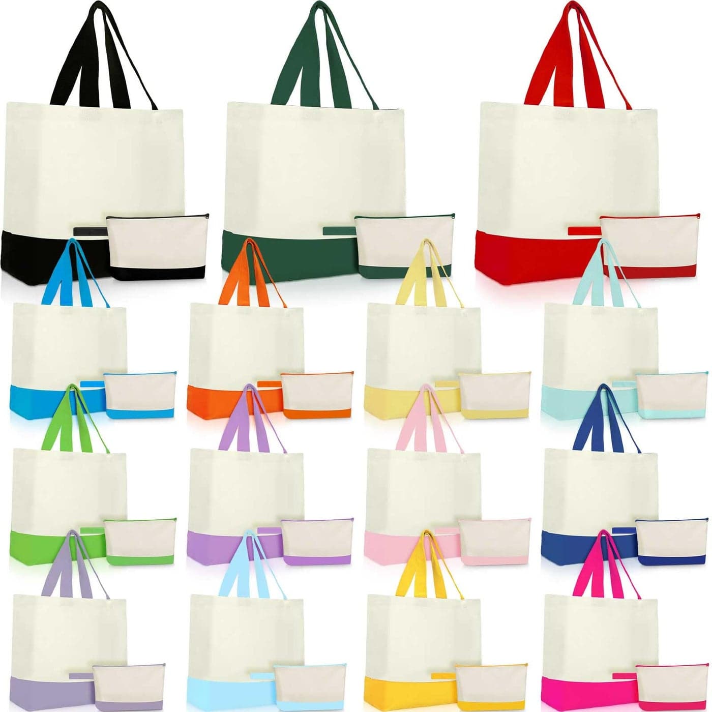 Sanwuta 30 Pcs Canvas Tote Bags Bulk with Zipper Cosmetic Pouch 185 Reusable Cotton Shopping Bag with Handle for DIY Craft Colorful