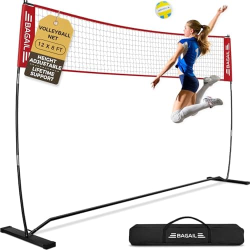 BAGAIL Volleyball Net 12ft Portable Volleyball Net for Backyard Adjustable Height HeavyDuty Frame Freestanding Design Portable OutdoorIndoor Volleyball Set with Carry Bag Red