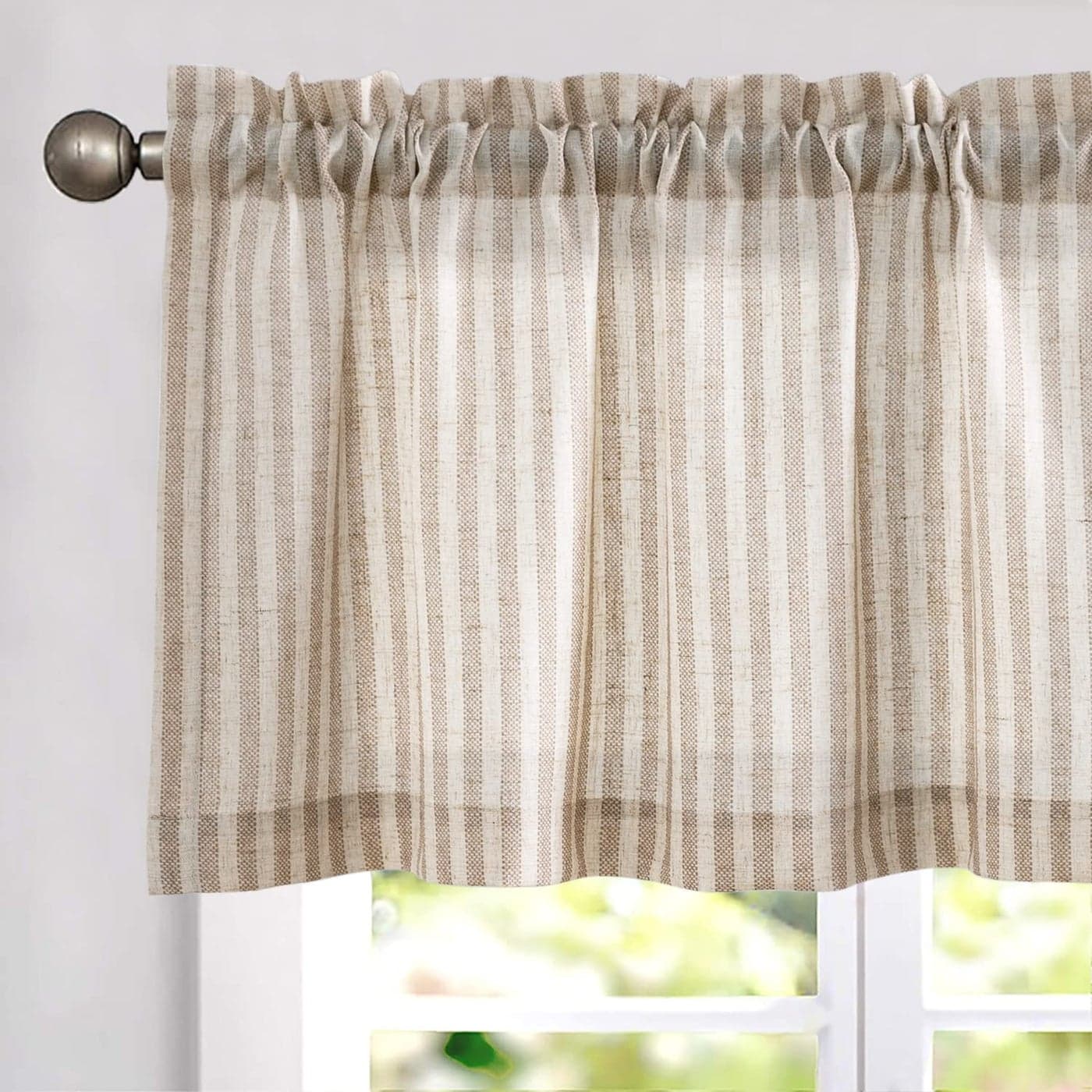 Vangao Kitchen Valance Linen Blend Stripe Short Curtains Farmhouse Country Rustic Pinstripe Tickingstripe Light Filtering Rod Pocket Window Topper Treatments 16 Inch 1 Panel Taupe on Beige