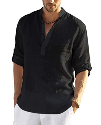 COOFANDY Men's Cotton Linen Henley T-Shirts Long Sleeve Hippie Casual Beach T-Shirts Black