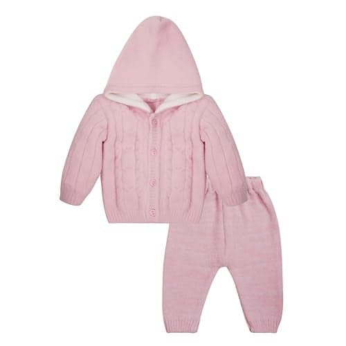 CLAP Baby Unisex Woolen Hoddie Suit Set Warm Top & Bottom (Pink, 0-3 Months)
