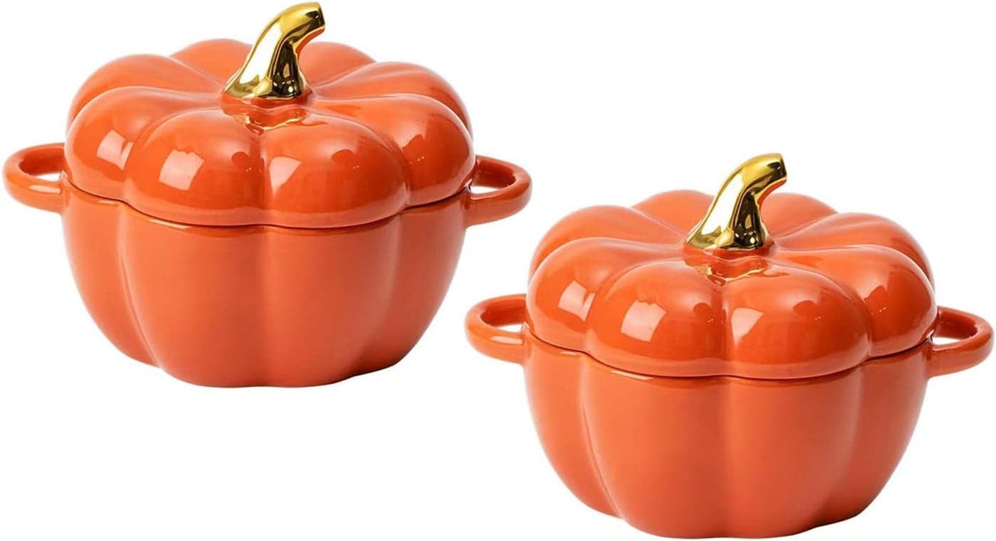 Pumpkin Bowl Set with Lid and Handle Set of 2 Ceramic Ramekins for Baking Casserole Dish Individual Severing Pot Stoneware Oven Safe 14 Oz Orange