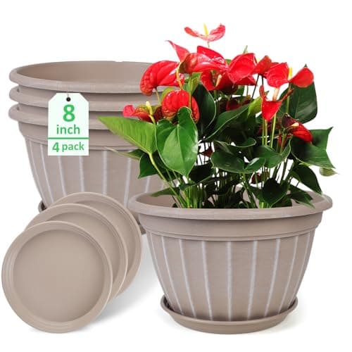 FGstyle 4 Pack Flower Pots8 Inch Plants PotPlanters Pot with Drainage Hole SaucerModern Planters for Indoor Outdoor PlantsDecorative Resin Garden Pots for Outdoor Indoor Home Plants Beige