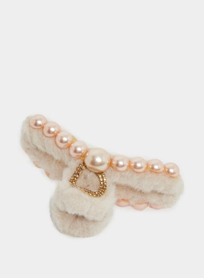 Beige Faux Fur Pearl Hair Claw
