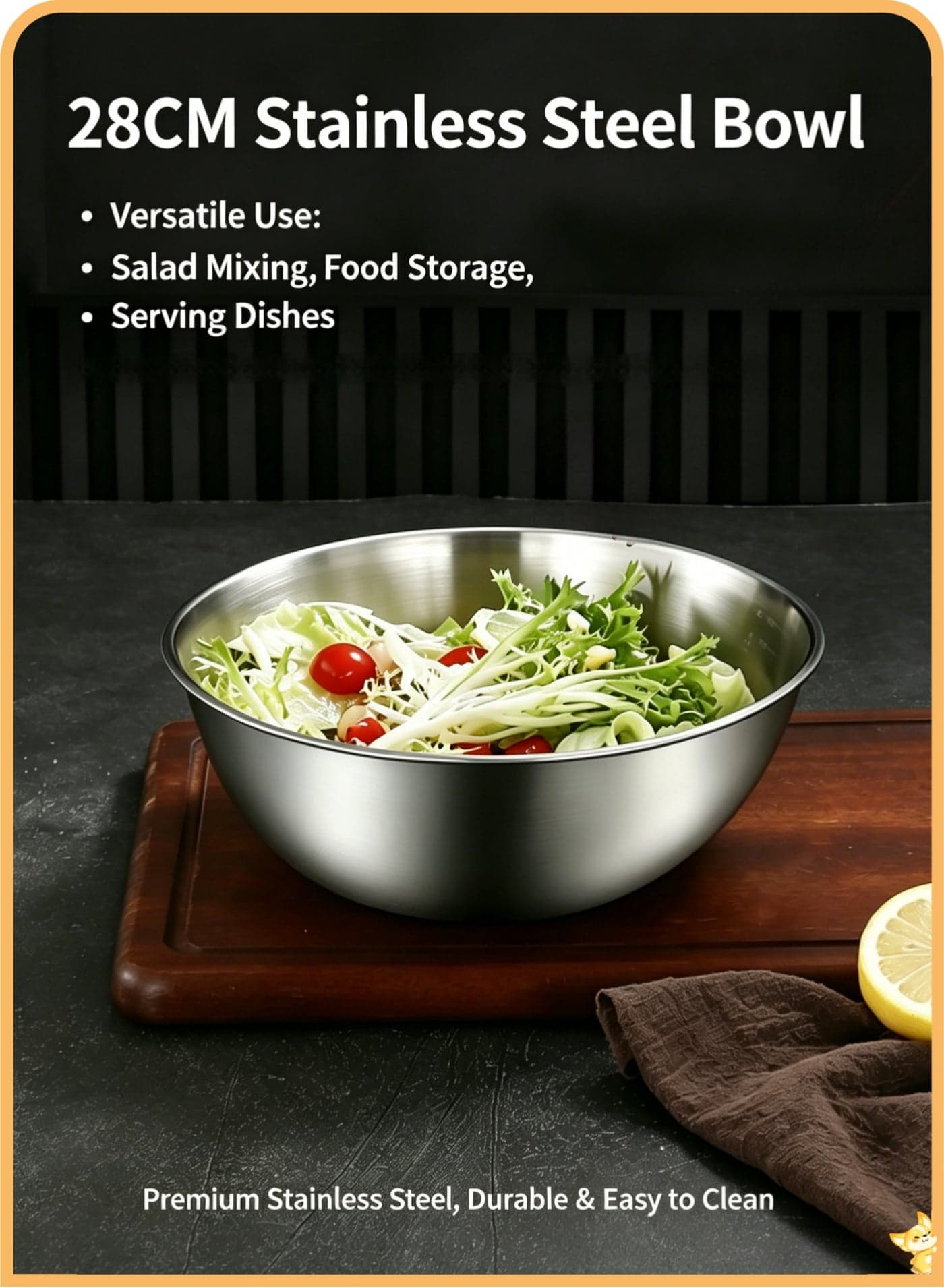 28CM Heavy-Duty Stainless Steel Mixing Bowl - Food Grade, Rust-Resistant Metal Basin with Large Capacity, Ideal for Salad Prep, Marinating Meat, Baking Dough, Washing Fruits/Vegetables & Serving Dishes, Durable, Dishwasher Safe & Easy to Clean Kitchen Essential