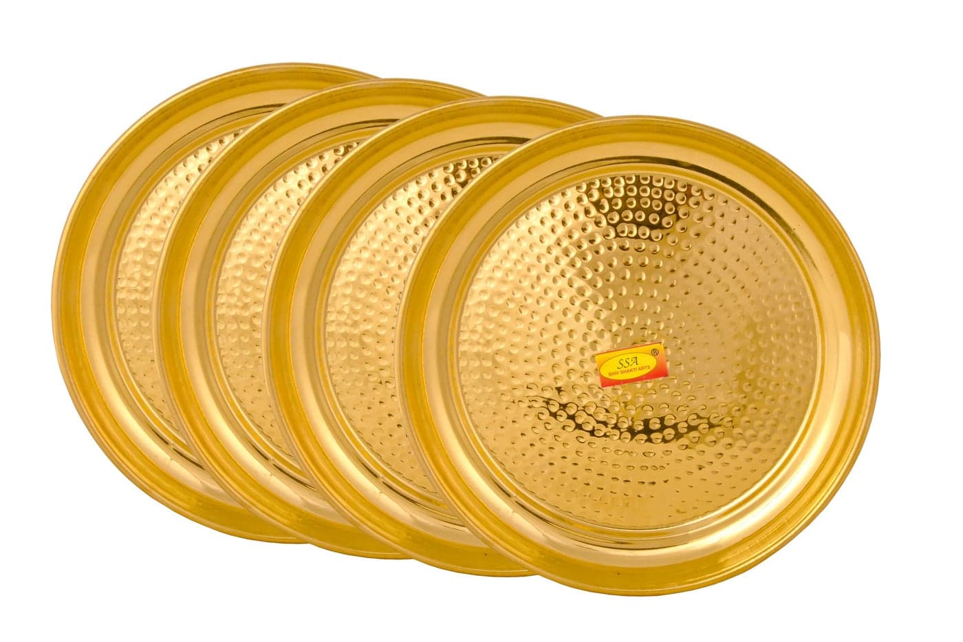 SHIV SHAKTI ARTS® Handmade Pure Brass Plate Thali Dish Hammered Design Homeware Hotelware Dinnerware Serveware Diameter-29 cm (4 Piece)