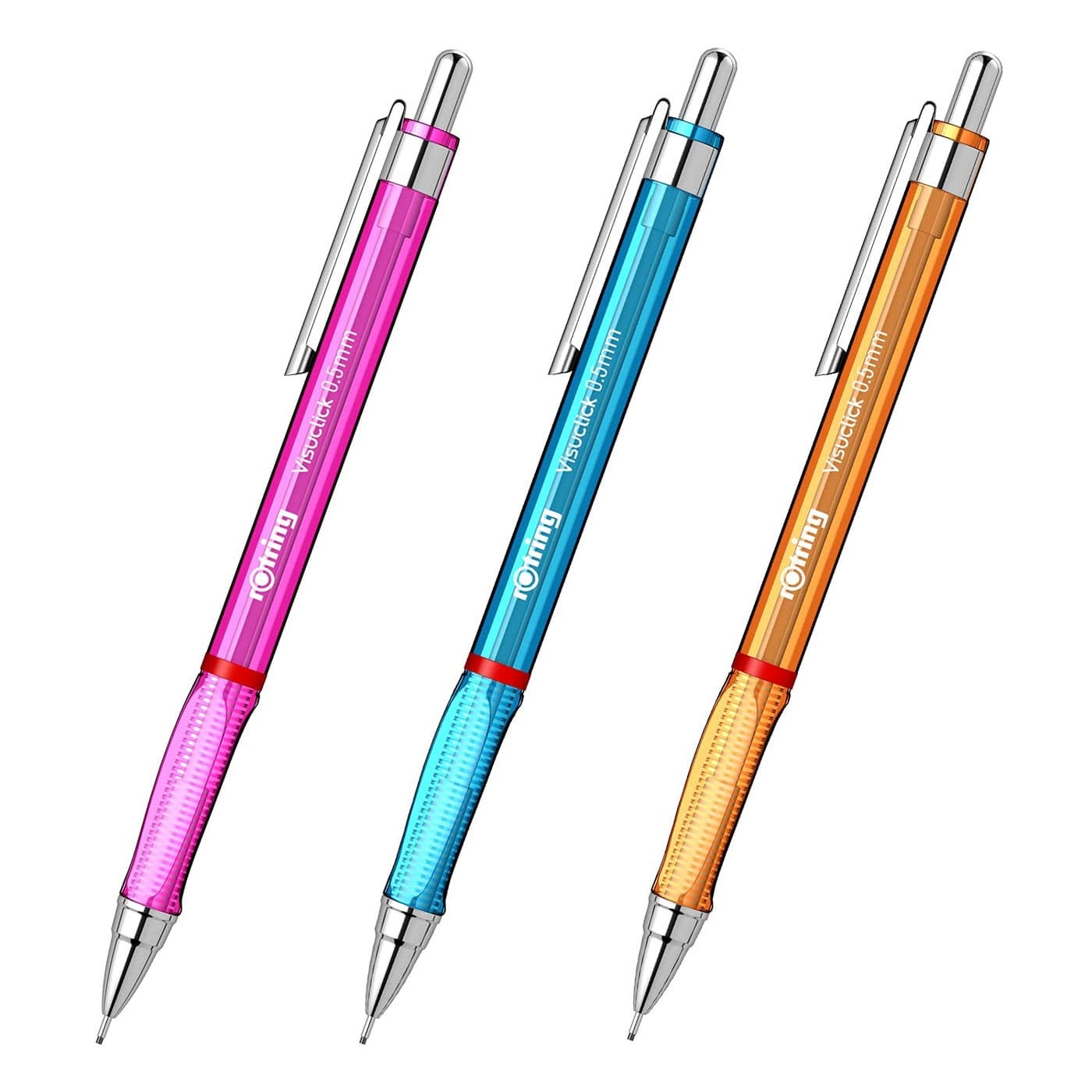 Rotring Visuclick 05mm Mechanical Pencils 2B Lead Pink Blue Orange Translucent Barrel with Attached Eraser Total 3 Pieces