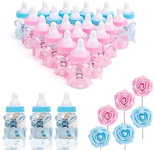 MACTING 2 Dozens Feeding Bottle Candy Box with 6pcs Artificial Flower Rose 35 Inch Boys Girls Favor Baby Bottles for Baby Shower Favor Gift Decoration Blue Pink