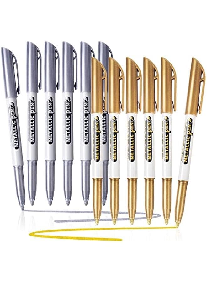 Metallic Markers Pens, Silver and Gold Paint Pens, Value Set of 12 Metallic Pens for Black Paper, Rock Painting, Card Making, DIY Photo Al, Wood, Pumpkin, Scrapbook Supplies