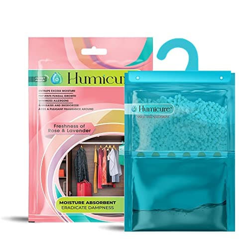 Humicure Moisture Absorber Dehumidifier Hanging Bags with 1 Litre Absorption Capacity for Wardrobe, Bathroom, Kitchen and Bedroom; Prevents Mould & Fungus (Pack of 1, 400gram, Rose & Lavender)