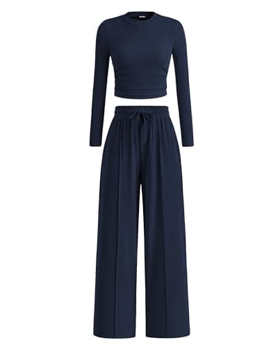 BTFBM Casual 2 Piece Sets For Women Fall Outfits 2026 Ribbed Spring Long Sleeve Crop Top Wide Leg Pants Matching Lounge Set(Navy, Large)