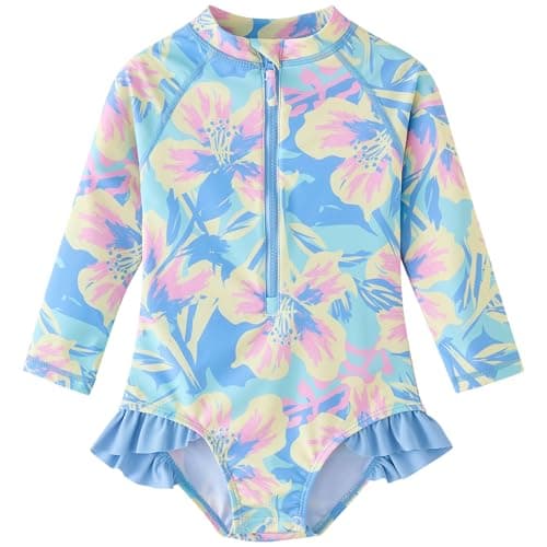 UMELOK Baby Girls One Piece Swimsuit Infant Bathing Suit Long Sleeve UPF 50+ Sun Protection Rash Guard Swimwear with Zipper Begonia Flower,Purple,18M
