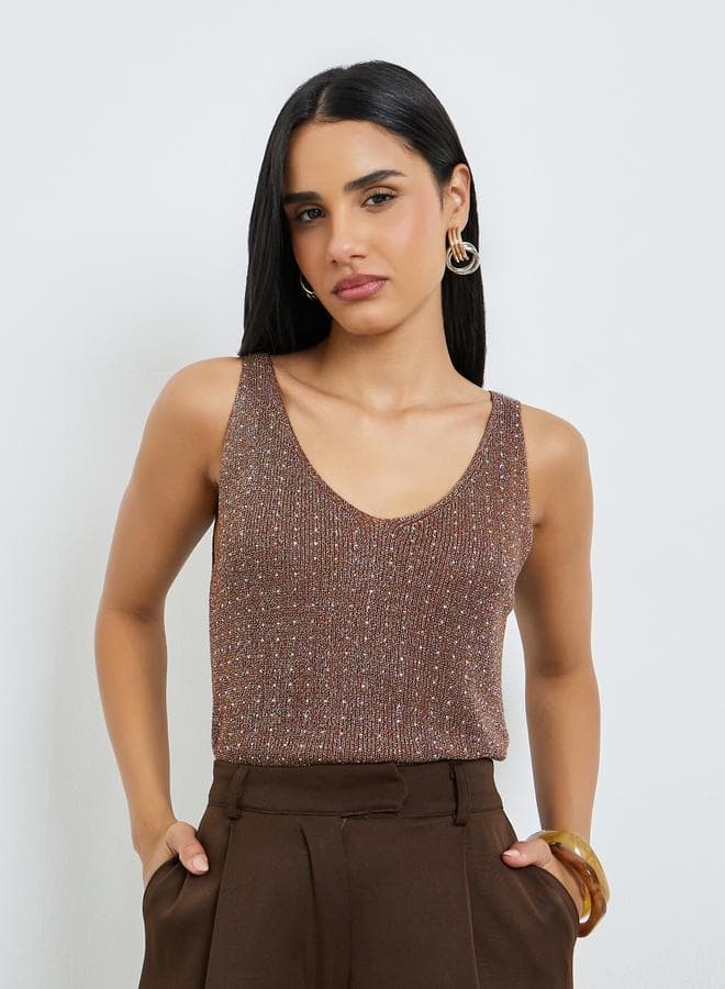 Brown Embellished Knitted V Neck Sleeveless Top