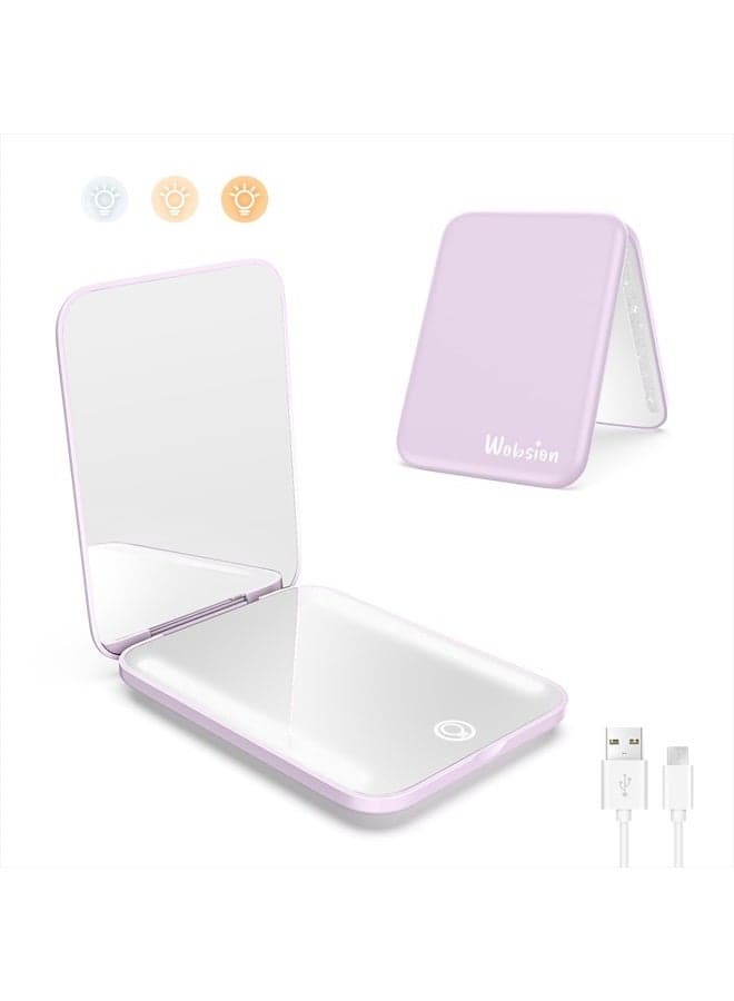 Rechargeable Travel Mirror,1x/3x Magnification Compact Mirror,3 Color Lights Pocket Mirror,Dimmable Portable Makeup Mirror,400mah,Small Mirror for Purse,Gifts,Purple