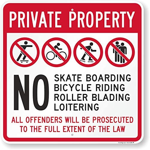 SmartSign - K-7514-AL-24x24 "Private Property - No Skate Boarding, Loitering, Offenders Prosecuted" Sign | 24" x 24" Aluminum Black/Red on White