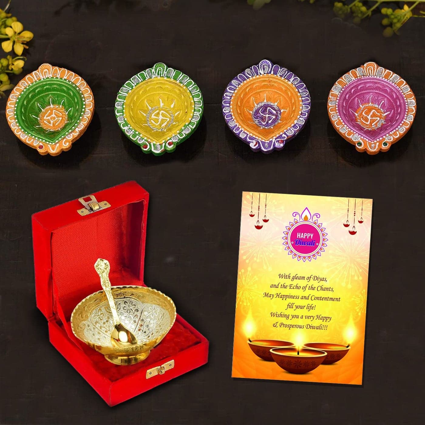 Diwali Gift iItems Diwali Decoration Items Hampers Diwali Gift Combo Pack for Family and Friends Gold Silver Plated Brass Bowl with Velvet Box for Puja with 4 Clay Diya Oil Lamp Greeting Card
