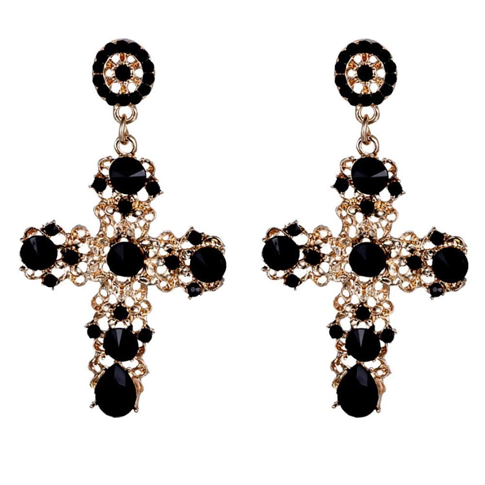 Cross Earrings,Big Baroque Drop Earrings,Rhinestone Large Cross Earrings,Retro Court Earrings for Women Halloween Christmas Gifts (Black)
