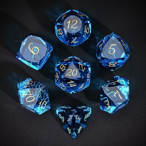 UDIXI 7Piece Glass Dice Set DD MultiFaceted DiamondCut Glass DND Dice for RPG Tabletop Games Blue
