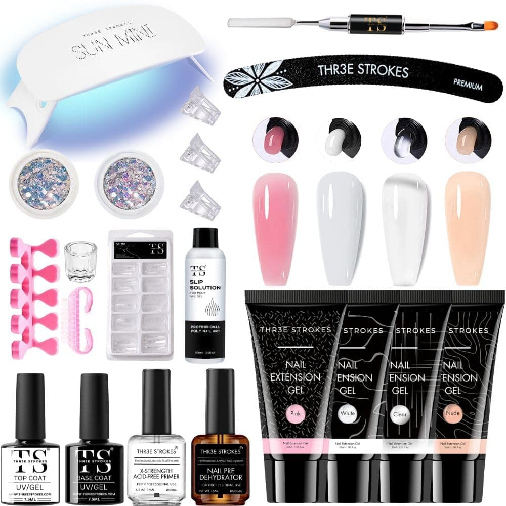 THR3E STROKES Poly Gel Nail Kit PolyGel with Slip Solution Mini U V Nail Light Poly Nail Gel Kit for Beginners with Everything Extension MINIMUM 180S TO DRY JADE KIT