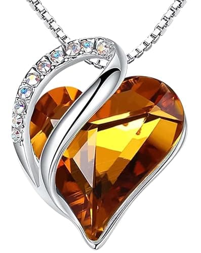 Leafael Necklaces for Women, Infinity Love Birthstone Heart Pendant with Amber Brown Crystal for November, Birthday Jewelry Gifts for Her, Mom, and Wife, Silver Plated, 18 plus 2 inch Chain