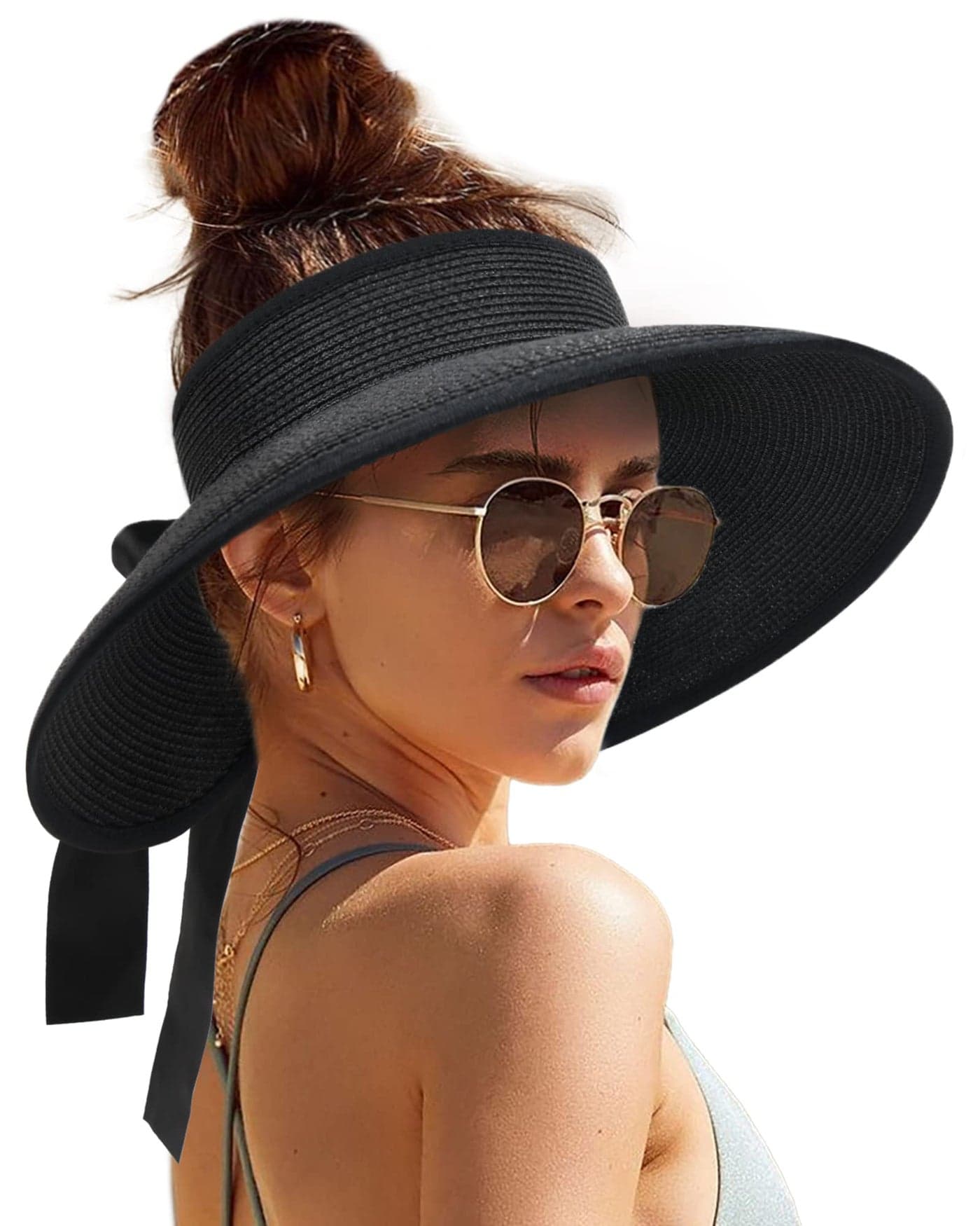 Camptrace Sun Visors for Women Wide Brim Beach Hat Foldable Straw Visor Hat Ponytail Summer Packable UPF 50+ Black