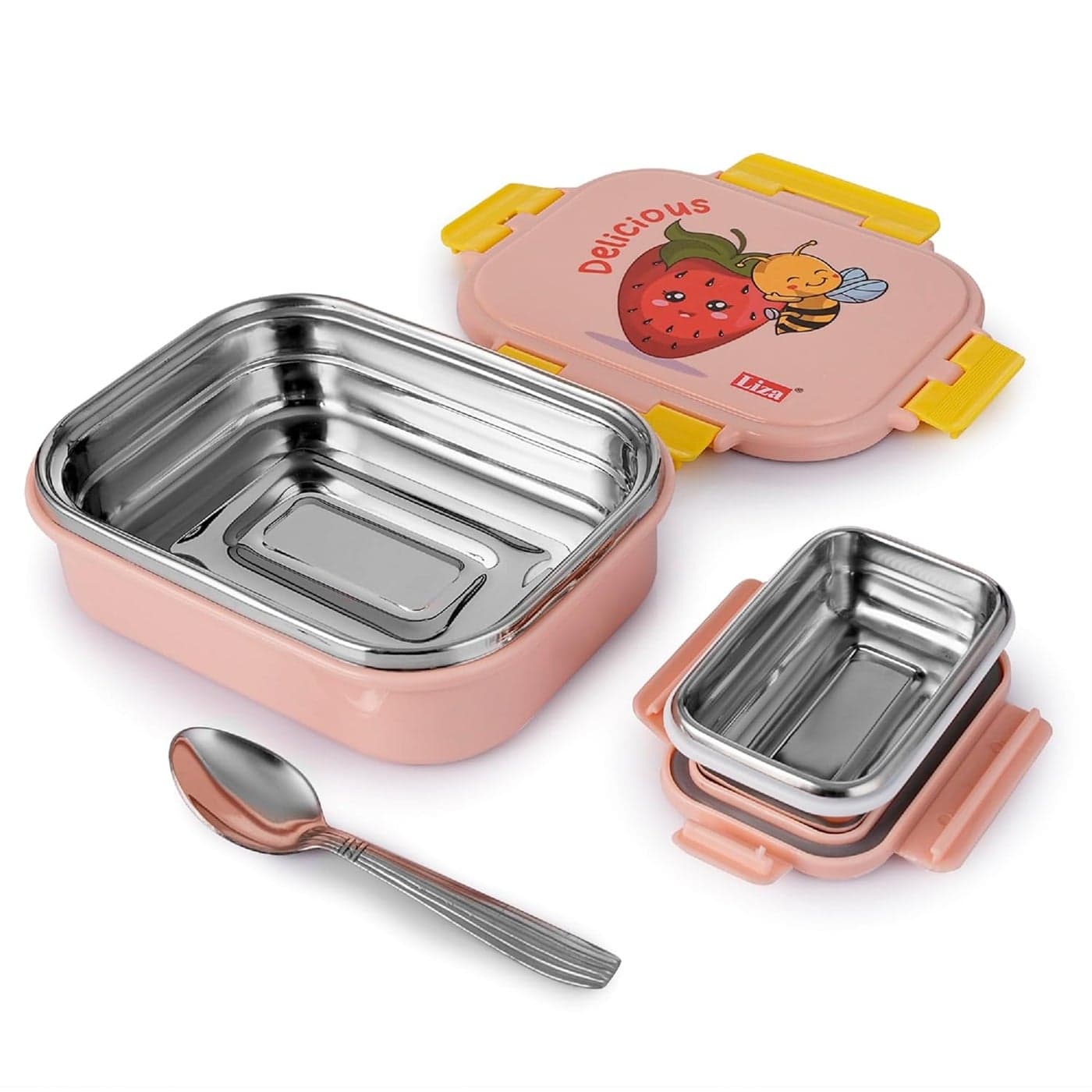 Zerya Little Surprise Insulated Stainless Steel Tiffin Box for Kids Inner Steel Katori with Spoon Tiffin Box for Boys Girls School BPA Free and Leak Proof Tiffin Lunch Box750Ml Pink