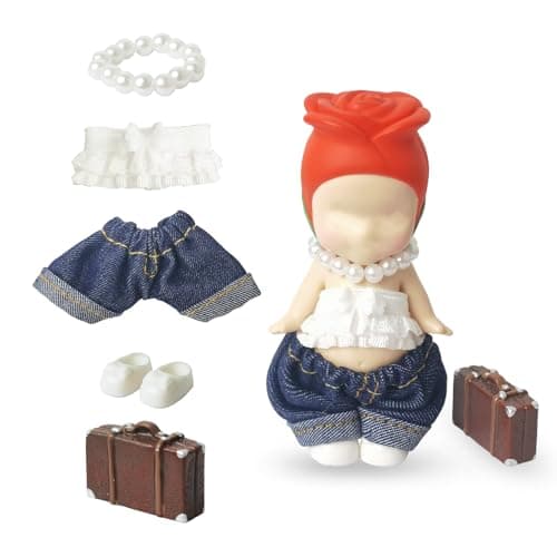 5PCS Doll Clothes for Sonny Angel, Fits 3 Inch Minifigures Outfit Includes Pants, Top, Shoes, Necklace & Suitcase, Cute Display and Decoration Accessories for Collectors, Doll Not Included (White)