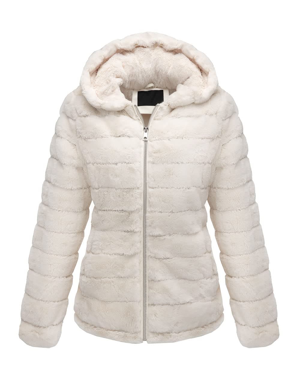 Bellivera Women Faux Fur Coat Fleece Fuzzy Hood Fluffy Shaggy Shearling SherpaLined Jacket 1801 Beige L