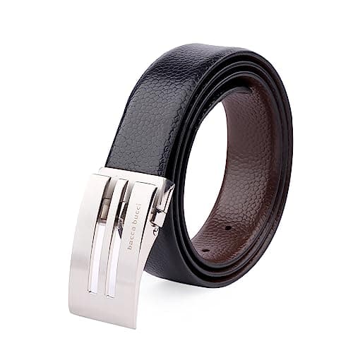 Bacca Bucci ® Men's Italian Top Grain Genuine Leather Reversible Classic Dress Belt with Rotating Metal Buckle- (Black/Brown)
