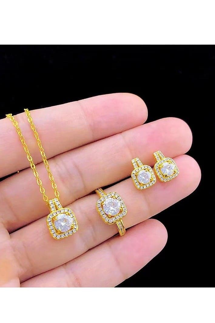 Trendy Golden Cubic Zirconia jewelry set Ring, Pendant Necklace and Earrings for Fashion Women Fashion Sparkling Gold Necklace Earrings Ring with Niche Design for Women
