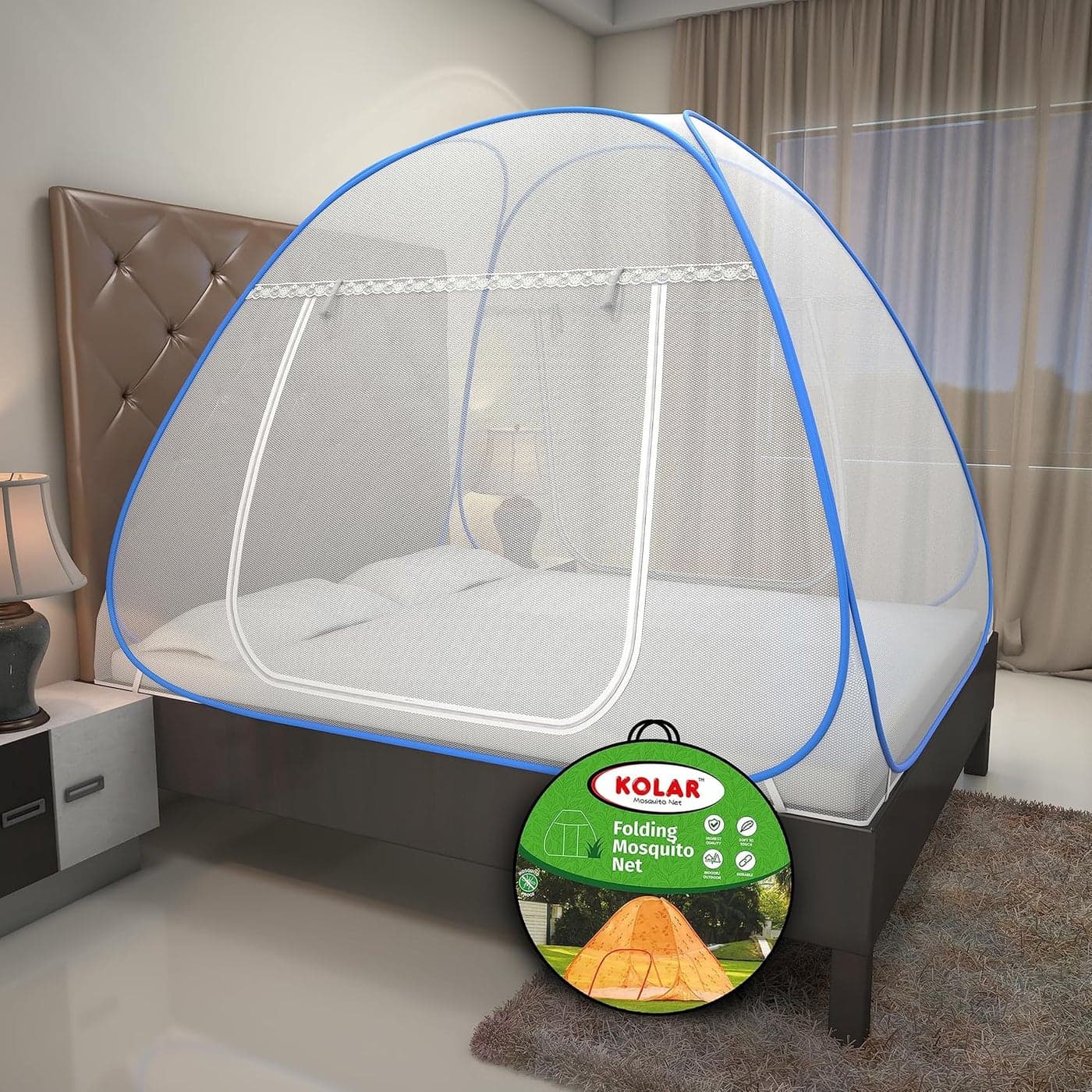 Kolar Mosquito Net for Double Bed 65x65 Feet Premium Double Bed Machardani Strong and Durable Tent Type Foldable Corrosion Resistant King Size Blue