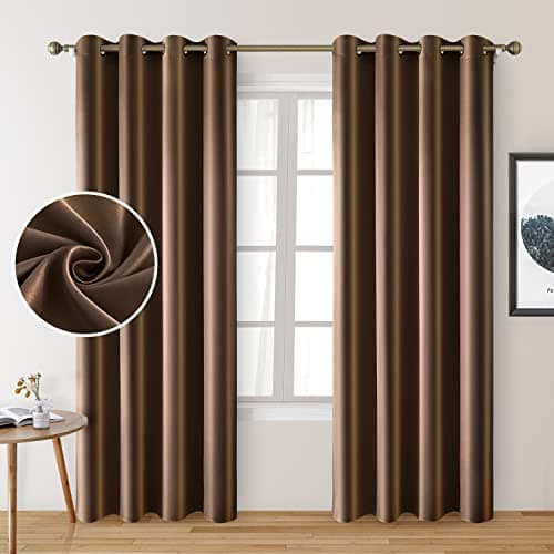HOMEIDEAS 2 Panels Chocolate Faux Silk Blackout Curtains, 52 X 96 Inch Room Darkening Satin Thermal Insulated Window Drapes for Bedroom, Indoor, Nursery