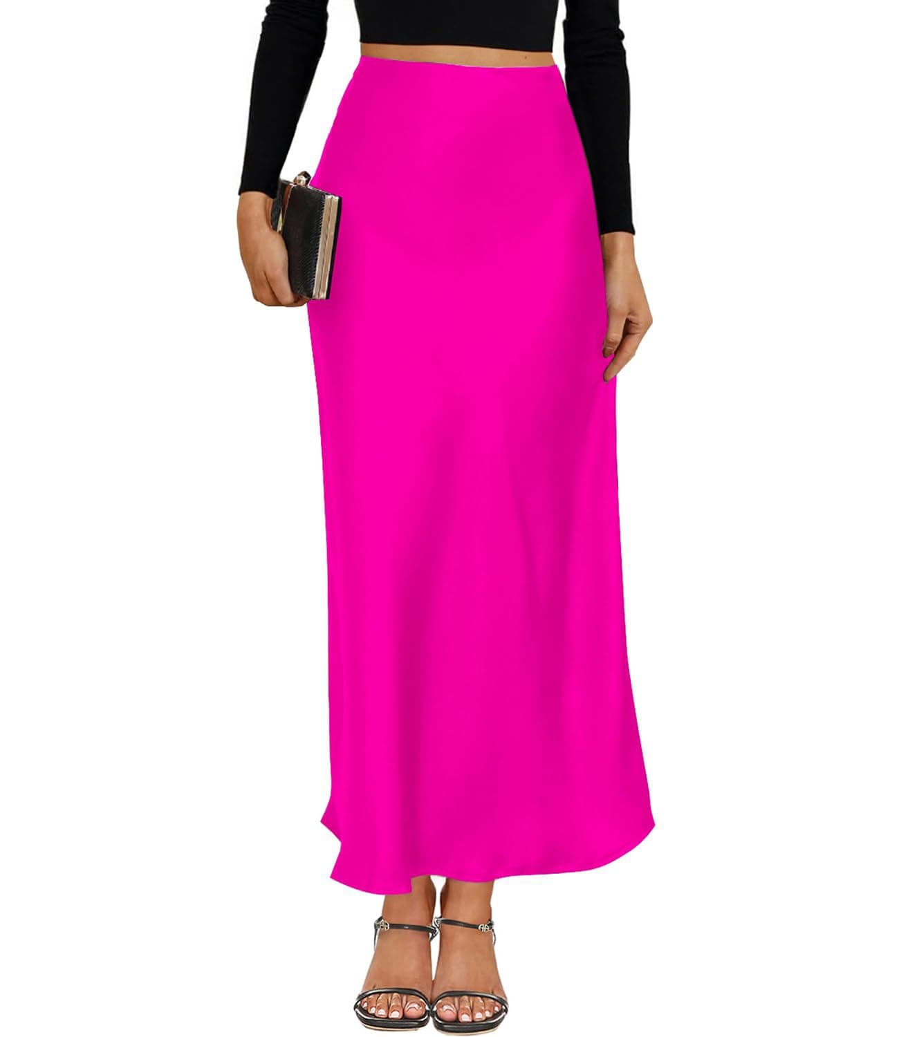 VividMosaic 2025 Satin High Waisted Maxi Skirt Silk A-Line Spring Summer Casual Long Skirts for Women (Hot Pink, Small)