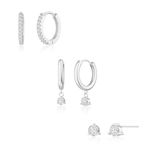 Freekiss Silver Hoop Earrings for Women Trendy: Dainty Stud Earring Set Simple Tiny 925 Sterling Silver Plated Hypoallergenic CZ Dangle Earrings Fashion Silver Jewelry for Women Gifts