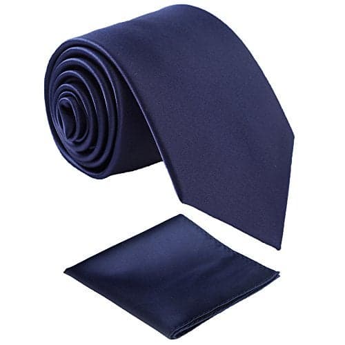 fortunatever Mens Solid Satin Neckties With Gift Box+Pocket Square(Navy Blue)