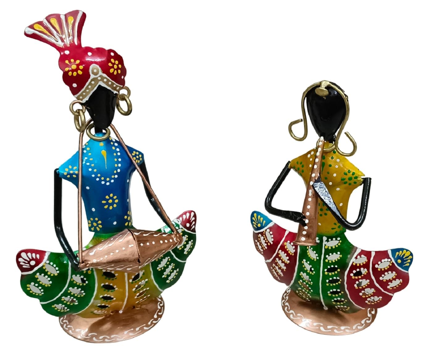H N Enterprises Handmade Metal Table Decor Rajasthani Musician Couple Figurine Set of 2 Multicolored