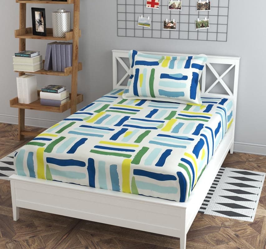 Luxury Trends Presents Pure Cotton 180TC Single Bedsheets for Single Diwan BedSize90 X 60 Inch with 1 Pillow CoversSize18 X 28 Abstract Green White