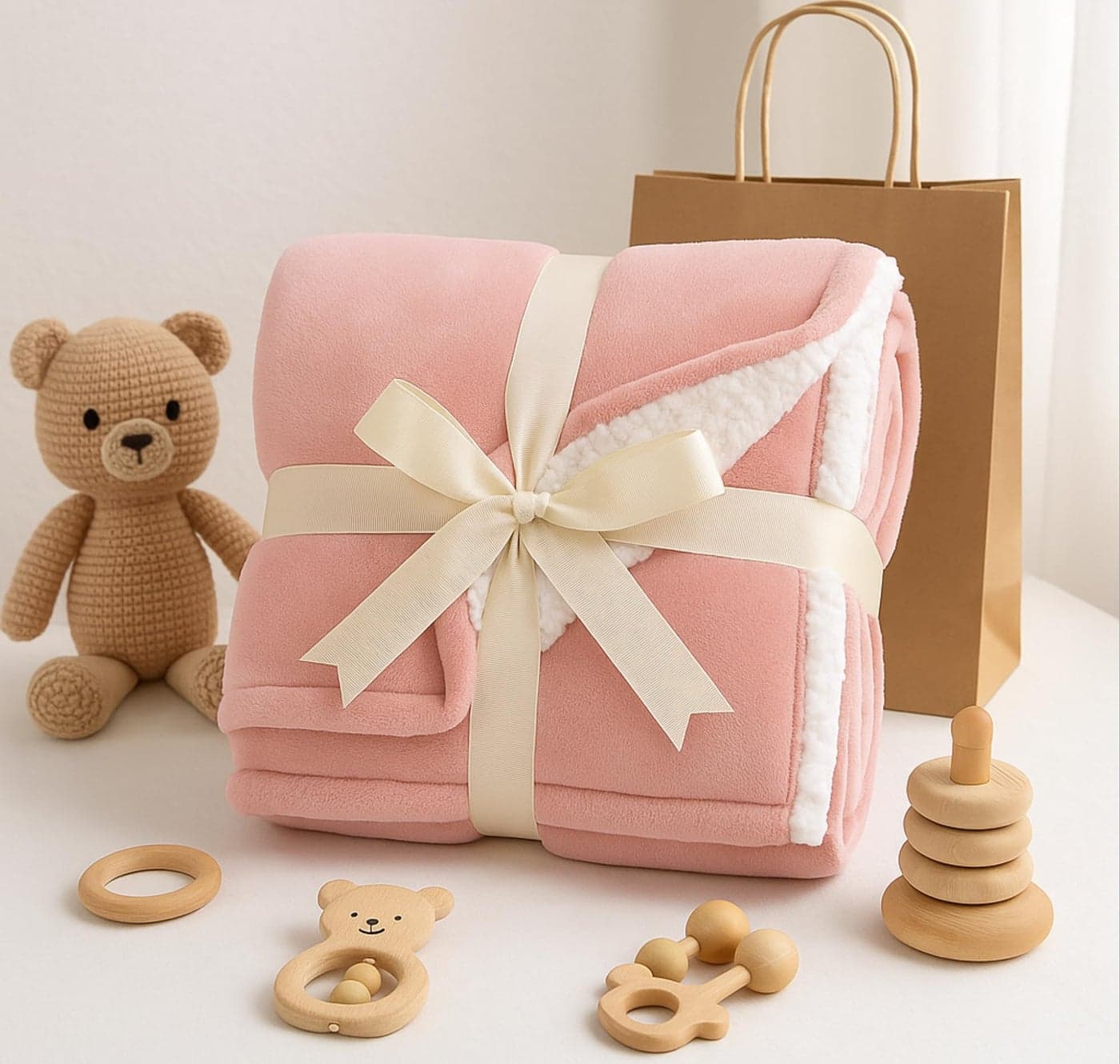 BSB HOME Baby Blanket Gift Set – 2-Layer Flannel & Sherpa Wrapping Sheet | Ideal Newborn Gift for Baby Boys & Girls | All-Season | Winter | Soft AC Blanket (Baby Pink, 130 x 105 cm, Weight- 800 Grams)